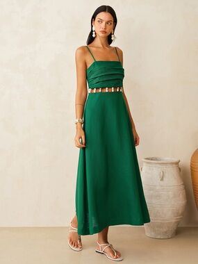 Commense Green Linen-Blend Cutout Waist Cami  maxi  Dress Large
